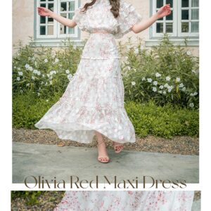 icyicyshop แม็กซี่เดรสแขนระบายลายดอก - สีแดงเลือดนก